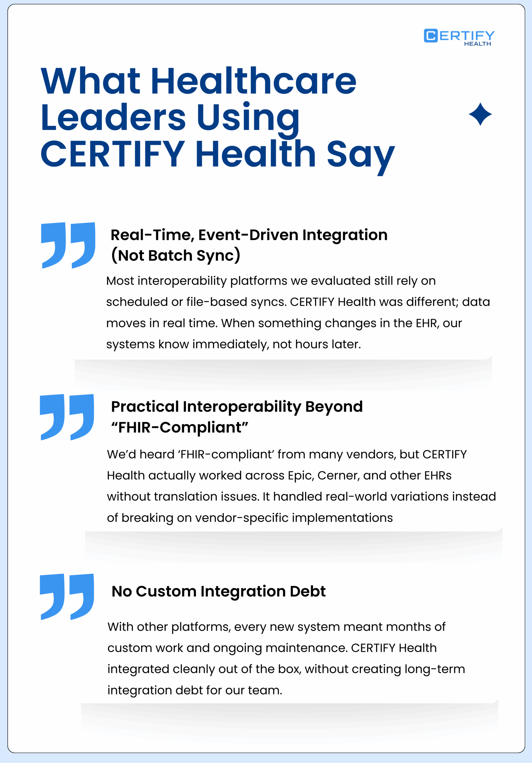 Feedback from leaders who have adopted Certify Health to solve these challenges: Real-Time Performance, True EHR Compatibility, and Reduced Technical Debt