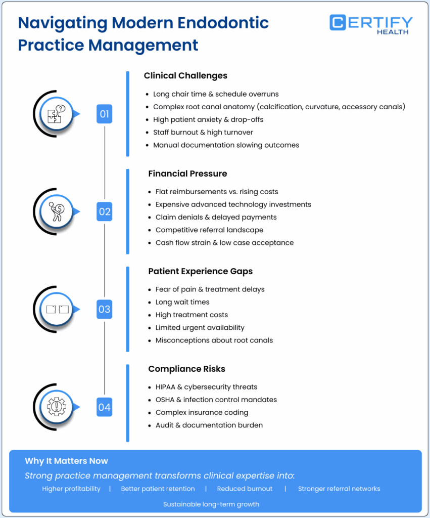 Infographic outlining clinical, financial, patient experience, and compliance challenges in endodontic practices, highlighting operational pressures and the need for modern management solutions.