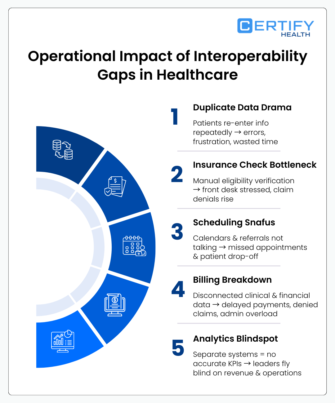Infographic titled "Operational Impact of Interoperability Gaps in Healthcare" with five issues: Duplicate Data Drama, Insurance Check Bottleneck, Scheduling Snafus, Billing Breakdown, Analytics Blindspot. Each issue lists specific challenges and consequences, illustrating inefficiencies and frustration in healthcare operations.