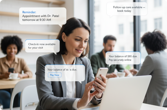A woman checking her phone for a patient appointment reminder with messages about her visit and payment.