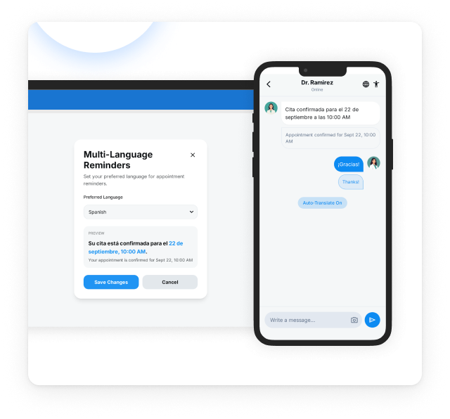 User interface showing appointment confirmation in multiple languages.