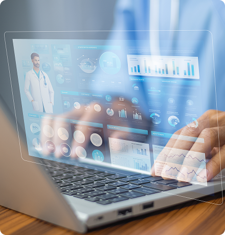 A healthcare professional interacting with a digital patient experience platform on a laptop.