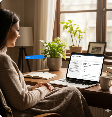 Individual engaged in post-visit experience with health summary on screen.
