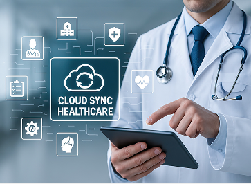 Healthcare kiosk showcasing cloud sync technology for patient check-in.