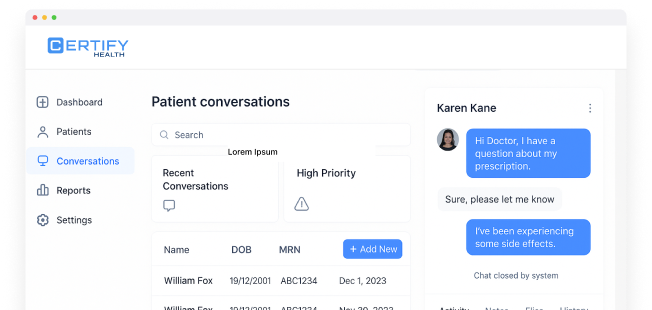 User interface of Certify Health showcasing patient communication.