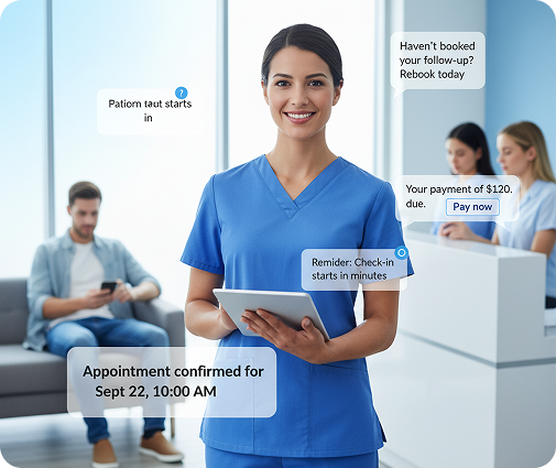A healthcare professional in blue scrubs using a tablet with multi-language support messages displayed.