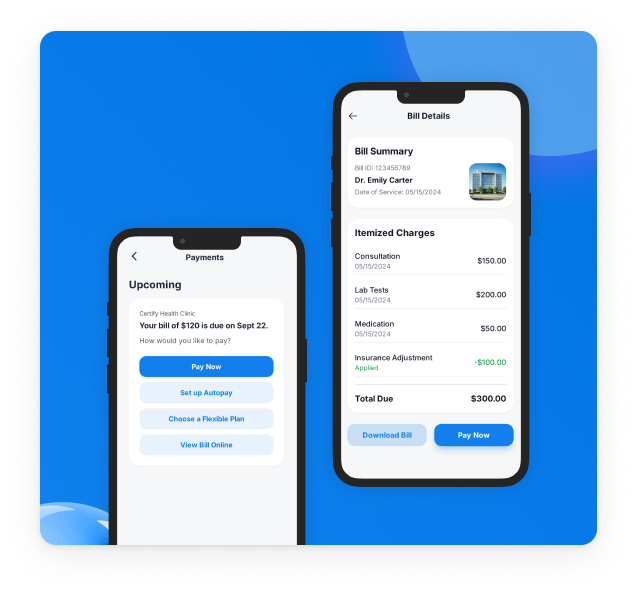 Certify Health patient appointment reminder with payment options and itemized charges.