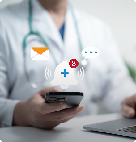 Illustration of a patient check-in reminder system on a doctor's smartphone.