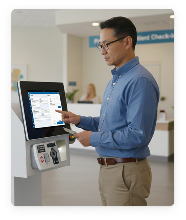 Patient engaging with a digital appointment reminder interface in a clinic.