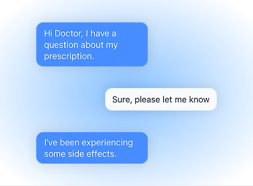 Screenshot of patient communication software showing a conversation about prescription inquiries.