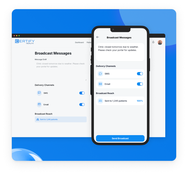 Certify Health software displaying patient engagement options through SMS and email.