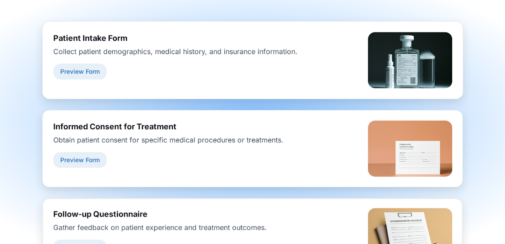 Patient intake form for collecting demographics and medical history.