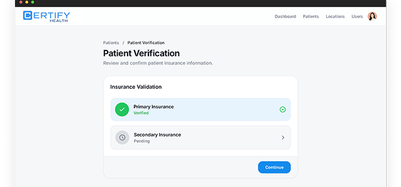 Patient verification screen showing insurance validation on Certify Health.