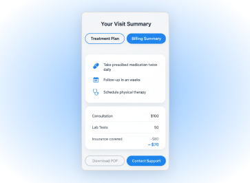 Summary of post-visit health certification with treatment and billing details.