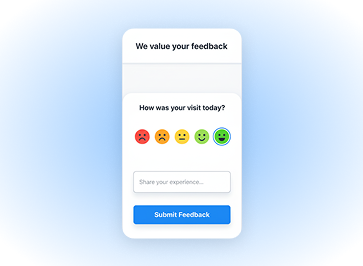 Feedback form for post-visit experience with health certification options.