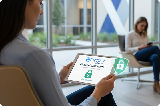 Patient using a secure tablet to access Certify Health services.